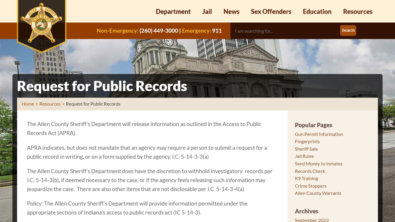 Request for Public Records - Allen County Sheriff's Department